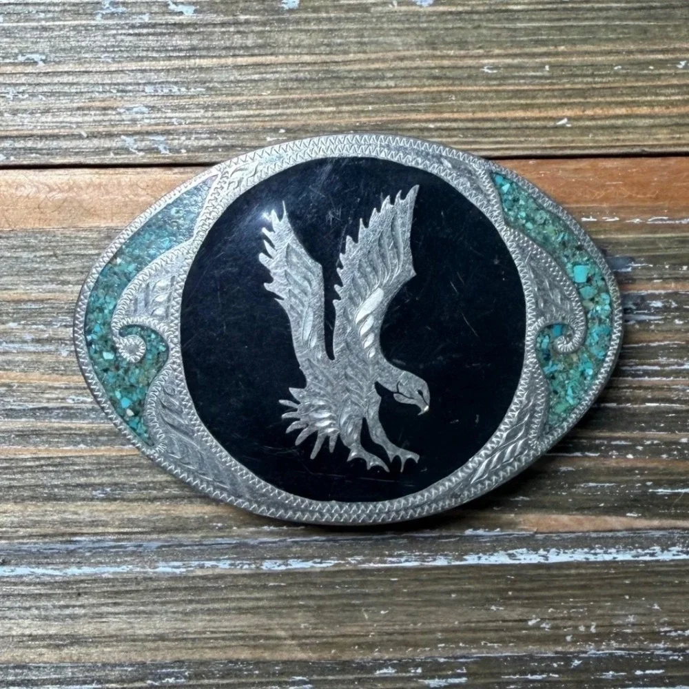 Vintage Western Eagle Belt Buckle Turquoise Chip Inlay Black Onyx Style Oval